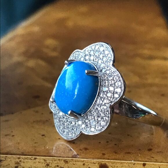 Natural Ceruleite Sterling Silver Flower Ring Size 10 - Picture 2 of 9